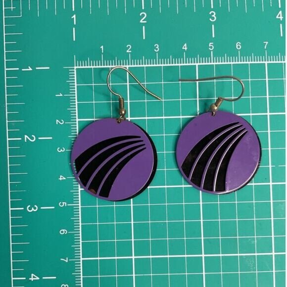 Purple & Black Circular Metal Dangle Earrings - Picture 2 of 5
